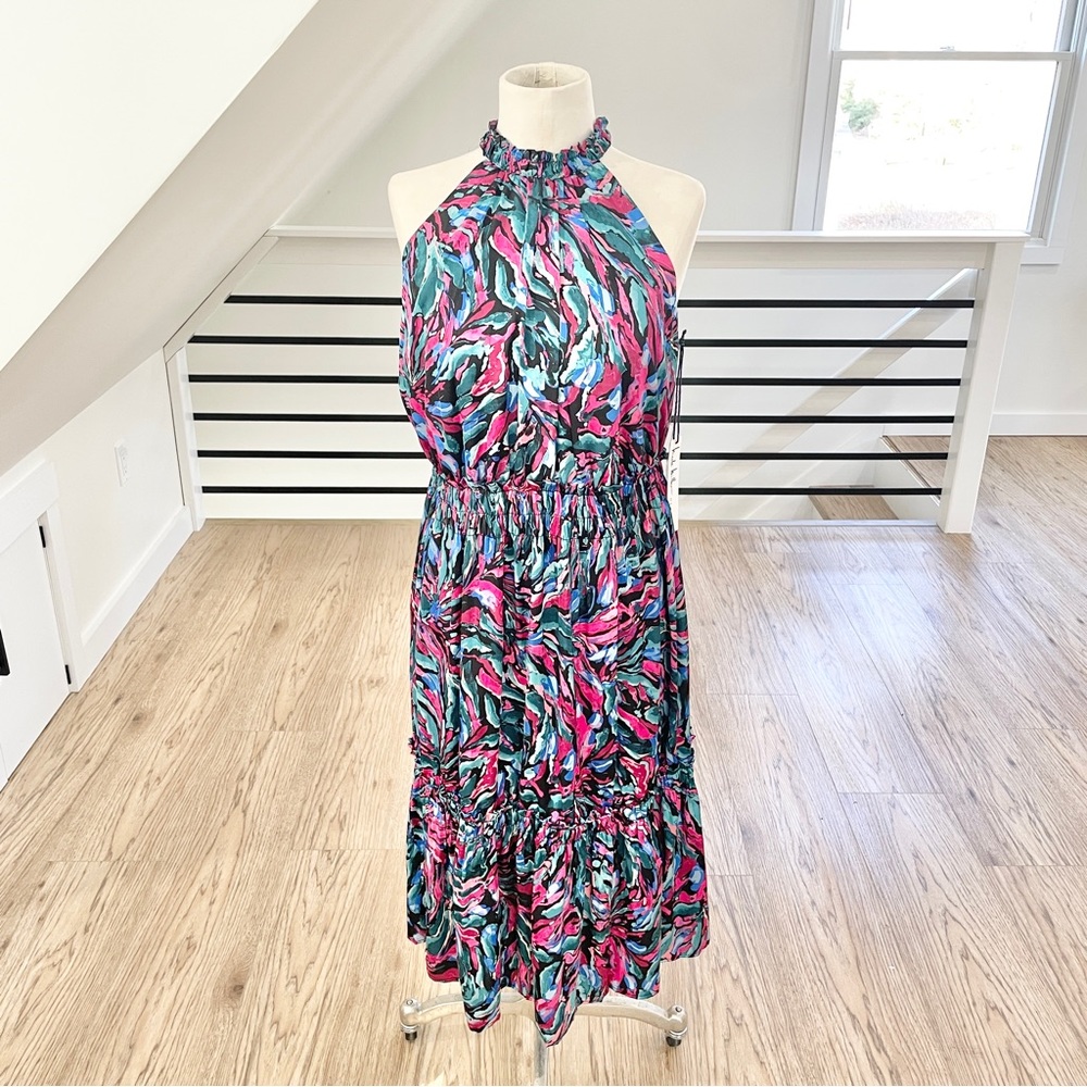 Nicole Miller, pink and blue colorful maxi / midi dress